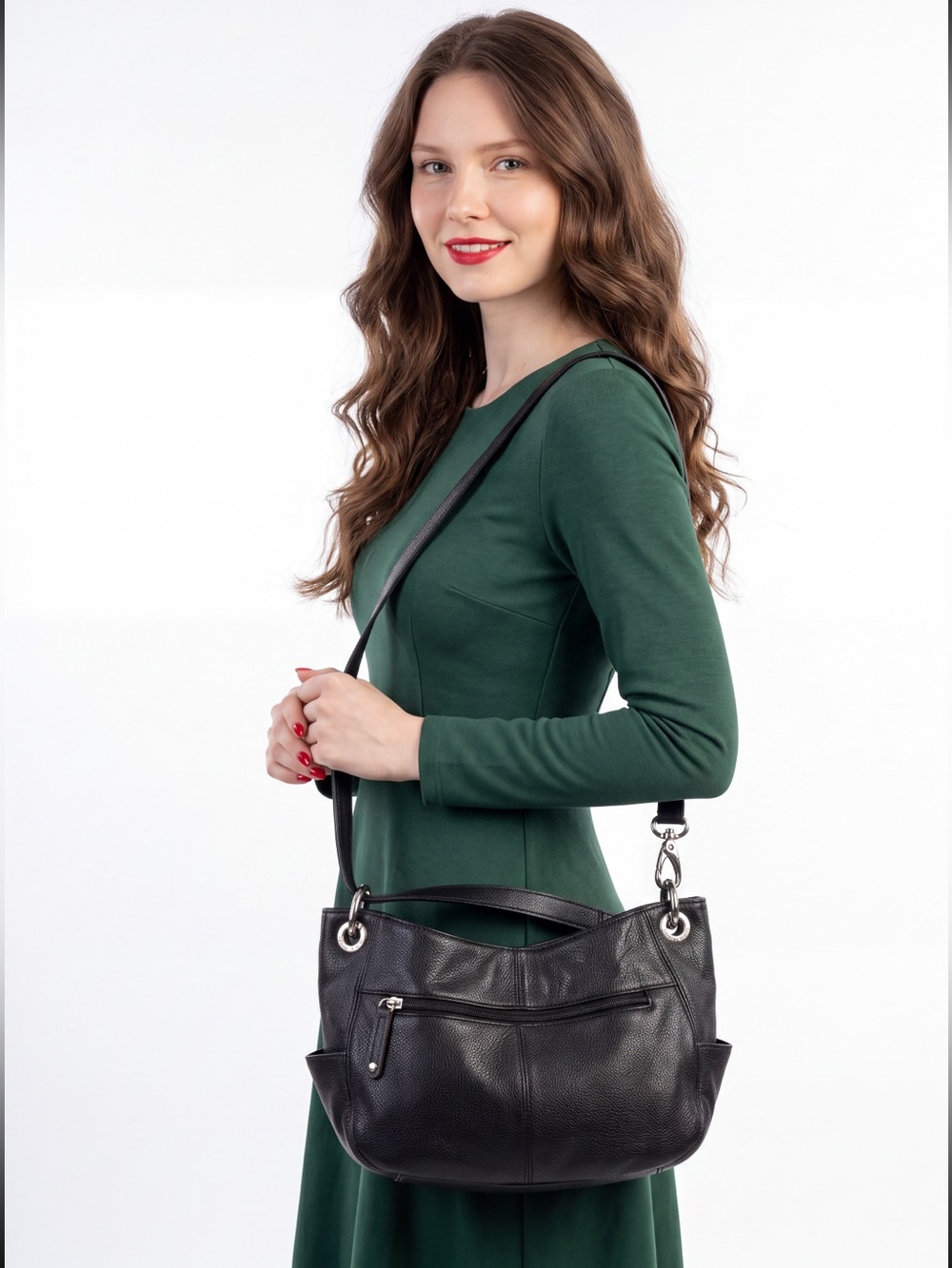 Tignanello Black Leather Hobo Shoulder Hand bag adjustable SOFT Pebbled Leather